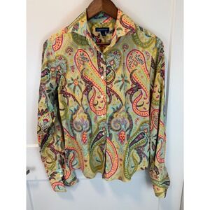 Lands' End Colorful Paisley Button Down Maximalist Garden Blouse Size 8 Green‎